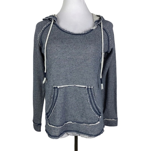 Ocean Drive Tops - Ocean Drive Striped Hooded Drawstring Sweatshirt Women's Small Navy Blue White